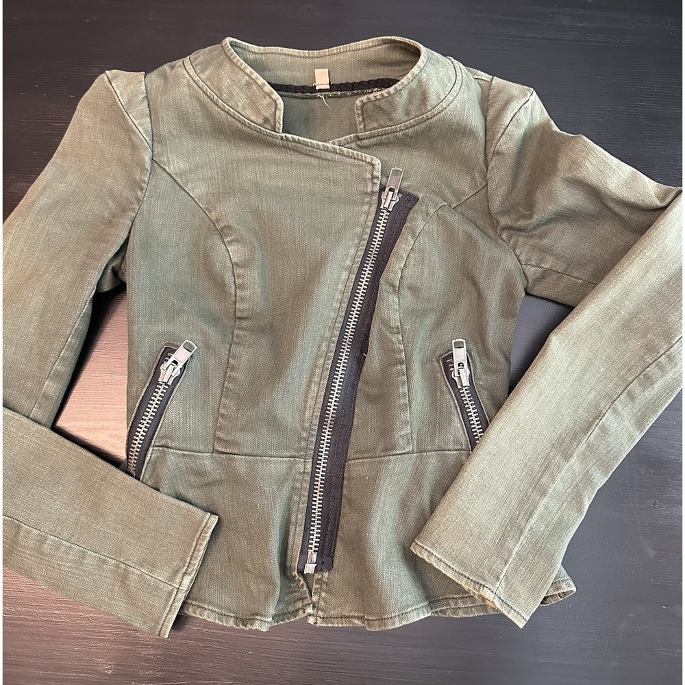 Free People Asymmetrical Army Green Moto Military Jacket Zip Up Size 0 / XS